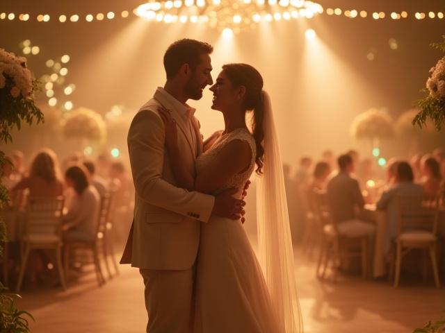 Ein Paar tanzt auf einer Hochzeit, umgeben von Blumen