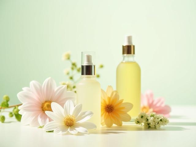 Produktopnahme eines Kosmetikartikels mit frischen Blumen